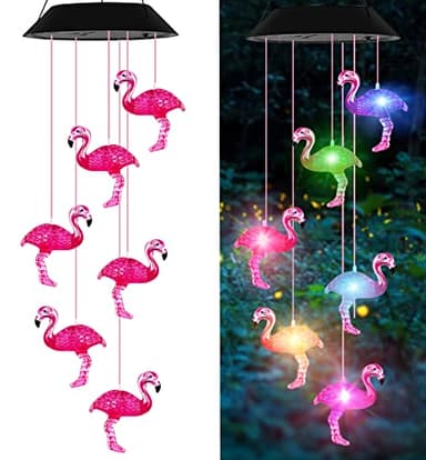 AIONASA Solar Wind Chimes Flamingo,Birthday Gifts for Mom Grandma Dad, IP65 Waterproof Memorial with 7 Color Changing LED Lights, Outdoor Decor Garden Yard Decorations