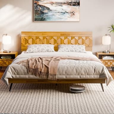 Bme Georgina Signature Bed Frame with Handcrafted Geometric Headboard, Mid Century Modern, Solid Acacia Wood, No Box Spring Needed, 12 Strong Wood Slats Support, Easy Assembly, Teak Brown, King