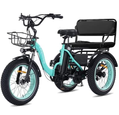 Two Seater Electric Tricycle for Adults Peak 1350W Motor 48V15.6Ah Folding E Trike,20"x4.0" Aluminum Fat Tire 3 Wheel Ebike PAS MAX 85miles Range 2 Person Electric Trike with Passenger seat Green