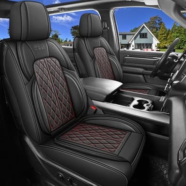 DuDuWang Car Seat Cover Custom Fit for Dodge Ram 1500 2500 3500 2002-2024 Faux Leather Seat Cover Set Compatible with Crew Quad Regular Cab Pickup Truck Cushions (Black Redline, Front Seat)