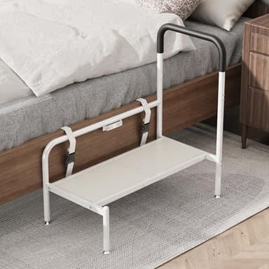 Josmimic Bed Step Stool for Adults, Bedside Steps for Elderly Seniors with Non-Slip Handle & LED Light, Stable Assist Rail for High Beds