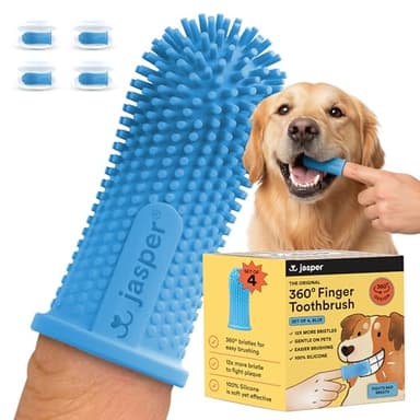Jasper Dog Toothbrush, 360 Degree Dog Tooth Brushing Kit, Cat Toothbrush, Canine Dental Care & Teeth Cleaning Kit, Pet Finger Tooth Brush, Use with Pet Toothpaste, 4-Pack Blue
