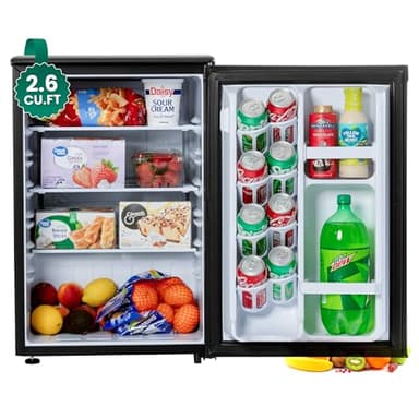 roomwell E-Star 2.6 Cu Ft Mini Fridge without Freezer - Black Mini Fridge AUTO DEFROST, Reversible Single Door, Glass Shelf Refrigerator - A Space-Saving Marvel for Your Bedroom, Dorm, and Office