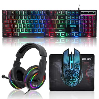 Gaming LED Keyboard Mouse Headset and Mousepad Bundle, CHONCHOW Wired Rainbow LED Light Up Gaming Keyboard Mouse Headset, Value 4 in 1 Game Set for Xbox PS4 PS5 PC Laptop Gamer