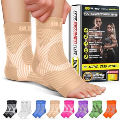 BLITZU Compression Socks for Plantar Fasciitis, Achilles Tendonitis, Arthritis Relief, Ankle Brace Compression Sleeve with Foot Arch Support, Ankle Wrap for Women, Men, Swelling & Heel Pain Nude S-M