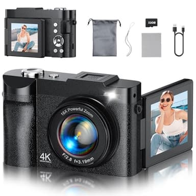 4K Digital Camera for Photography, 50MP Vlogging Camera for YouTube, Compact Cameras with 2.8" 180° Flip Screen, 16X Digital Zoom, Point and Shoot Camera with 32GB SD for Beginners, Travel, Family
