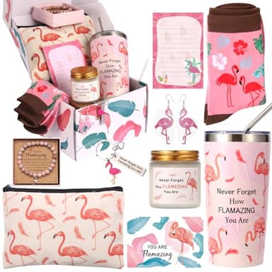 Flamingo Gifts for Women Best Funny Pink Gift for Flamingo Lovers Including Tumbler Mug Makeup Bag Keychain Socks Notepad Candle Earring Brecelet for Birthday Christmas Mothers Day