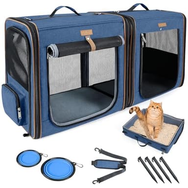 Lekereise Large Cat Carrier for 2 Cats, 2-in-1 Cat Travel Carrier with Litter Box, (17.7" x2) x16.5"x13" Pet Carrier with Zipper Locks for Moving Across The Country (No Hammock) - Blue