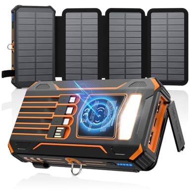 SOARAISE Solar Charger Power Bank - 48000mAh Wireless Portable Charger Built-in 4 Cables and 4 Solar Panels, PD QC 3.0 Fast Charging USB C Battery Pack with Flashlight for Camping Travel