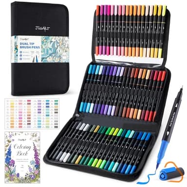 JusArt Markers for Adult Coloring Books No Bleeding, 60 Colors Coloring Markers with Dual Tips, Fine & Brush Pens with Ergonomic Triangle Grip & 33% More Ink, Water-Based Art Drawing Set for Adults