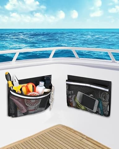 PLOZANO Boat Storage Accessories, Closable PVC Reflective Self-Adhesive Universal Boat Caddy Organizer Mesh Bag for Gloves, Tools, Tackle, Gear(2 Pack, 10"*7")