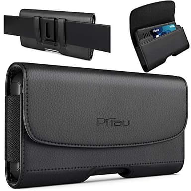PiTau Holster for iPhone Pro Max & Plus 16, 15, 14, 13, 12, 11, 8, 7, 6, 6s, Xs Max, Cell Phone Case with Belt Clip ID Card Holder for Samsung Galaxy S25+ Note 10+, Fits with Otterbox, Black Large