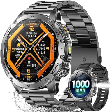 Military Smart Watches for Men, 1.7″ Smartwatch with 1000 mAh Battery/2 Straps/Led Flashlight/Heart Rate/Sleep Monitor 100+ Sport Modes, Answer/Make Calls Fitness Watch for Android/iPhone