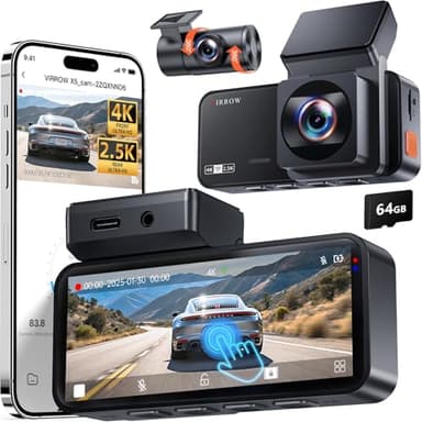 VIRROW Dash Cam Front and Rear: 4K+2.5K Dash Camera for Cars with Touch Screen 3.39" - Dashcam with WiFi APP Control 64GB Parking Mode Night Vision Loop Recording Emergency Lock (X5)