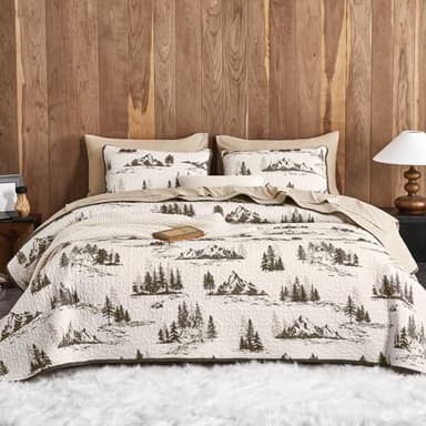 Wake In Cloud - Rustic Quilt Set, Cabin Forest Woodland Camping Theme with Lodge Mountain Print, Reversible Lightweight Bedspread Coverlet, 3 Pieces, Beige Brown, Queen/Full Size