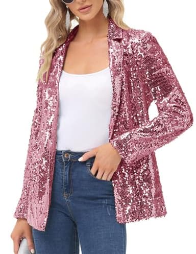 KANCY KOLE Women Sequin Blazer Glitter Jacket Long Sleeve Open Front Sparkly Party Coat Pink M