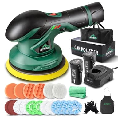 BATOCA - Cordless Car Buffer Polisher - 2pcs 2.0Ah 12V Lithium-ion Rechargeable Battery Powered Brushless Polisher with 6 Variable Speed, DA Orbital Buffer for Car Detailing, Polishing, Waxing