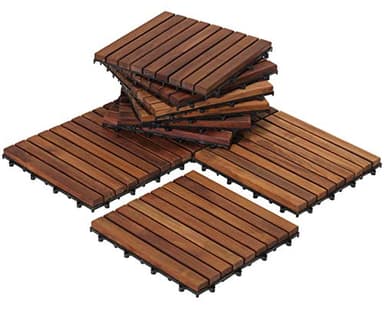 Bare Decor EZ-Floor Interlocking Flooring Tiles in Solid Teak Wood Oiled Finish (Set of 10), Long 9 Slat