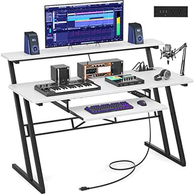 Armocity Music Studio Desk Production Workstation - Recording Studio Desk for Producer with Power Outlet, Studio Workstation for Music Recording, Home Studio Table Desk, White