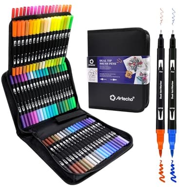 Artecho 72 Colors Markers for Adult Coloring Books, Dual Tip Markers for School, Fine and Brush Tip for Adults Coloring Books, Calligraphy, Drawing, Sketching