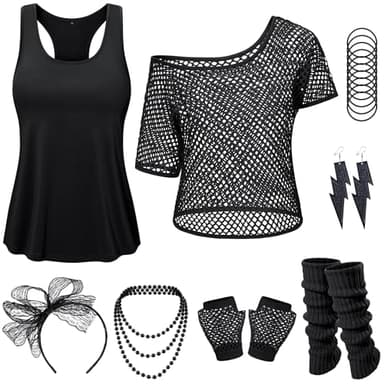 Yuriko 80s Outfit Party Costumes Fishnet Neon Off Shoulder T-Shirt Two Pieces With Fancy Dress Costume Accessories(Black M)