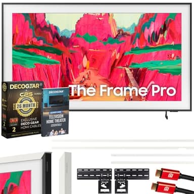 Samsung 65" The Frame Pro LS03FW 4K Neo QLED TV (2025) Bundle with Modern White Bezel, CPS 26 Month Protection, Slim Flat Mount, 2X HDMI Cables & Deco Gear Complete Home Theater Beginner's Guidebook