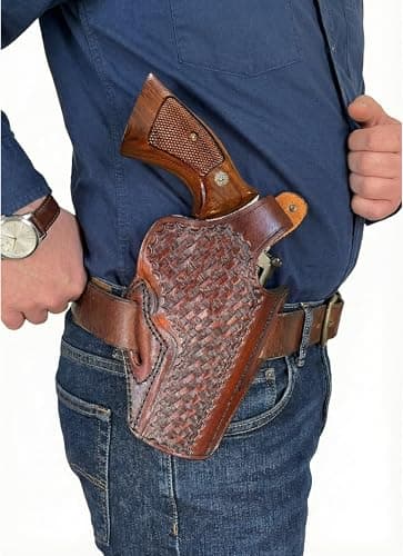 Leather Holster Fits Colt Python, King Cobra / 357 Magnum - Thumb Break - Basket Weave - Genuine Leather - Handmade - ShnLeaher (Brown, Python 6 Inch Barrel)