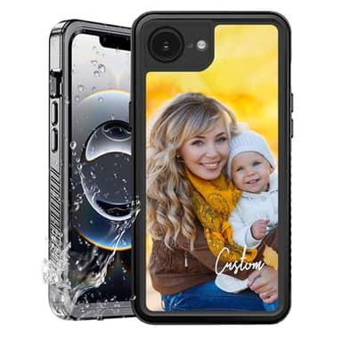 Custom for iPhone 16e Case Waterproof Personalized Photo Logo Text,Built-in Screen & Camera Lens Protector[IP68 Underwater] [Military Grade Shockproof] Full Body Protective Phone Cover, Black/Clear