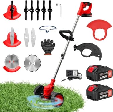 ALSO GO 24V Electric Weed Wacker, 3 in 1 Grass Trimmer with 2pcs Batteries & Fast Charger, Stringless Lightweight Weed Eater/Brush Cutter/Edger with 3 Types Blade & Wheels for Garden and Yard Lawn