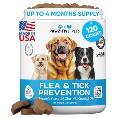 Chewable Flea and Tick Prevention for Dogs - 120 Soft Chews Made in USA - Oral Flea and Tick Control Pills for Small, Medium, Large Dogs and Puppies - Skin and Coat Supplement Treats for All Breeds