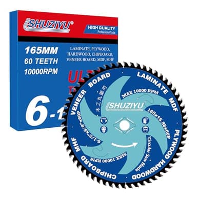 SHUZIYU 6-1/2" (165MM)-60T, Wood Working Circular Saw Blade. Ultra Thin Kerf 1/16"(1.6MM), Arbor 5/8", Anti-Stick Coating, FRAMING&Ripping, for Laminate, Veneer Board, Plywood, Hard Wood, MDF and HDF