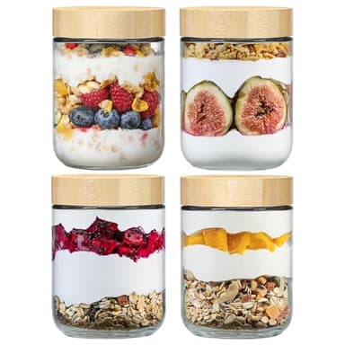 NETANY 4-pack 16oz Glass jars with Airtight Lids, Overnight Oats Containers with Bamboo Lids, Wide mouth Mason Salad jars, Glass Food Storage Containers for Snacks Yogurt Spice Sugar