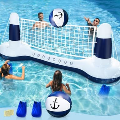 Large Inflatable Pool Games Volleyball Net Pool Floats Set with 9" Anchor Ball, 2 Weight Bags & Yacht Design – Floating Swimming Game Toy for Adults, Perfect for Summer Water Sport Pool Party