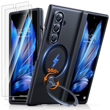 TORRAS 360 Spin Magnetic Stand for Galaxy Z Fold 7 Case, MIL-Grade Hinge Protection, Fit for Magsafe, 360 Kickstand & Ring Holder, Armor Hard Slim Case for Samsung Galaxy Z Fold 7, Black