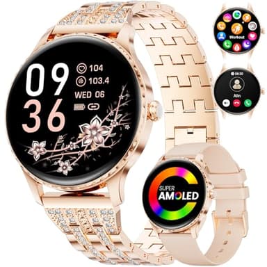 Smart Watches for Women with 1.32" AMOLED Display, Bluetooth Calling, 121 Sports Modes, Heart Rate & Sleep Monitor, Fitness Tracker, IP68 Waterproof, 2 Bands, Compatible with Android iOS