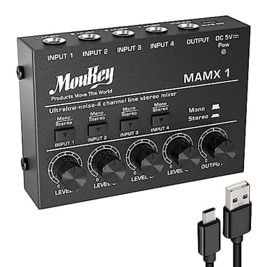 Moukey Mini Audio Mixer, DC 5V, 4 Stereo Ultra, Low Noise 4 Channel Line Mixer for Sub-Mixing, for Small Clubs or Bars, As Guitars, Bass, Keyboards Mixer, MAMX1