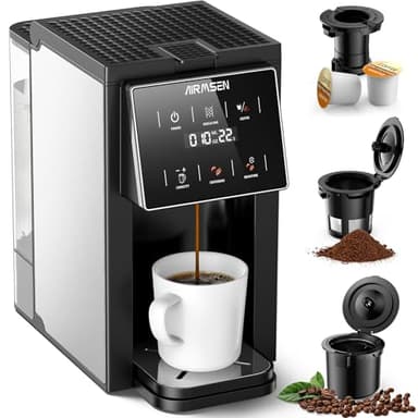 AIRMSEN Grind & Brew Coffee Maker with Grinder - Single Serve Machine Compatible with K-Cup Pods & Ground, 1000W Fast 6-14oz Brewer, Descaling Alert, Touchscreen & 50oz Removable Tank (Large)