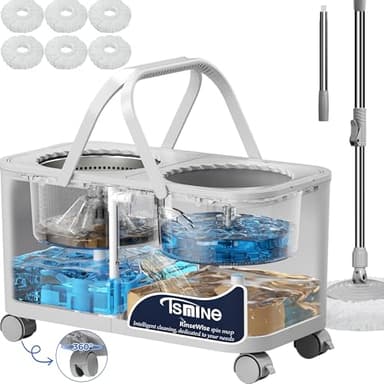 Compact Spin Mop for Apartments & Small Spaces, Clean & Dirty Water Separation Mop Bucket for Pet Owners & Daily Cleaning,360° Swivel Wheels, Safe for Hardwood & Tile, Adjustable Handle, 6 Mop Heads