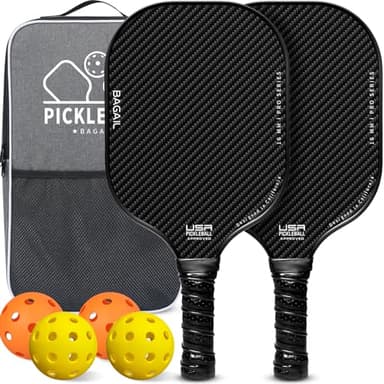 BAGAIL Pickleball Paddles, USAPA Approved Fiberglass Surface Pickleball Set, Lightweight Pickle Ball Rackets with 4 Balls, 1 Bag, Designed in California for Traction and Stability - 2 Pack, Black