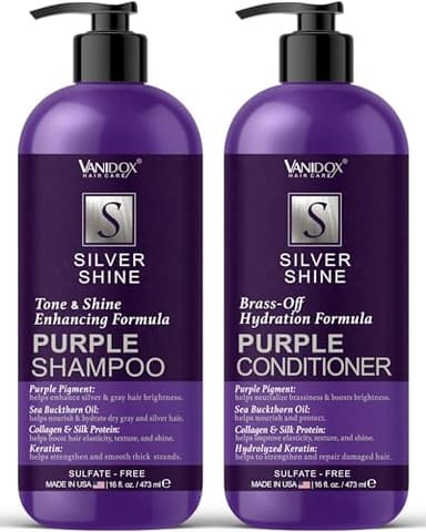 VANIDOX Sulfate Free Brass Toning Purple Shampoo and Conditioner Set for Grey and Silver Hair, Moisturizing & Color-Safe, Enhances Shine & Brightness, Made in USA (16 fl oz each)