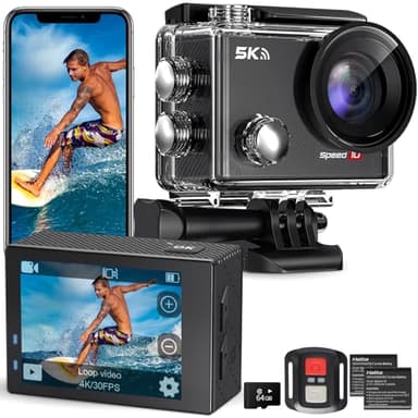 Hiicam Action Camera 5K 30FPS Waterproof Camera Underwater 131FT with EIS WiFi App Remote Control 64GB Card 170° Wide Angle Sports Helmet Bike Video Black with 64GB Card