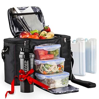 Meal Prep Lunch Bag/Box For Men, Women + 3 Large Food Containers (45 Oz.) + 2 Big Reusable Ice Packs + Shoulder Strap + Shaker With Storage. Insulated Lunchbox Cooler Portion Control Set (Black)