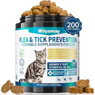 Woyamay Flea Treatment for Cats, 200 Treats Flea and Tick Prevention for Cats Chewables, Natural Cat Flea and Tick Treatment Chews Daily Oral Flea Supplement, Kitten Cat Flea Treatment, Chicken Flavor