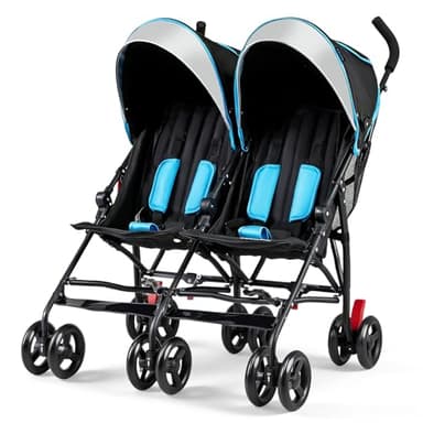 BABY JOY Double Umbrella Stroller, Lightweight Travel Side by Side Twin Stroller with Large Storage, Cup Holder, 5-Point Safety Harness, Adjustable Canopy & Compact Fold for Infant and Toddler (Blue)