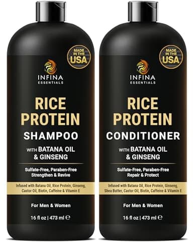 INFINA ESSENTIALS Rice Protein Shampoo and Conditioner Set | 16 fl oz Each | with Batana Oil & Ginseng | Strengthening, Thickening & Clarifying Formula | Supports Hair Growth & Repair