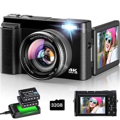4K Digital Camera for Photography - Autofocus 48MP Vlogging Camera for YouTube with 3'' 180°Flip Screen - 16X Digital Zoom, Anti-Shake Camera for Vlogging with SD Card, 2 Batteries & Charging Stand ﻿