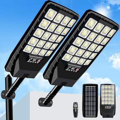 2 Pack Solar Street Lights Outdoor Waterproof, 6500K 20000LM Wide Angle Solar Powered Flood Light with Motion Sensor & Remote Control,Dusk to Dawn Commercial Solar Outdoor Light for Parking Lot