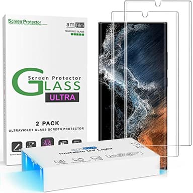 amFilm 3D Curved Tempered Glass for S22 Ultra Screen Protector Samsung Galaxy 5G 6.8 Inch, Fully Compatible with UltraSonic Fingerprint Scanner and S Pen, Upgraded Easier UV Gel Application(2 Pack)