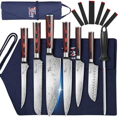 SYOKAMI 14pcs Chef Knife Set with Roll Bag, Professional Stainless Steel Japanese Knife Set with Pakkawood Handle for Professional Chef, Camping, Travel, BBQ, RV or Gift Blue