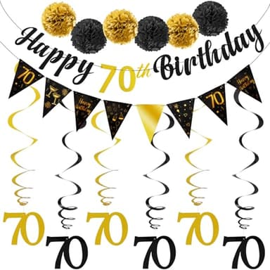 TOBATOBA 70th Birthday Decorations Kit for Men Women, Black Gold Happy 70th Birthday Banner, Triangle Flag Banner 70th Birthday Party Decorations, 70 Year Old Birthday Party Supplies